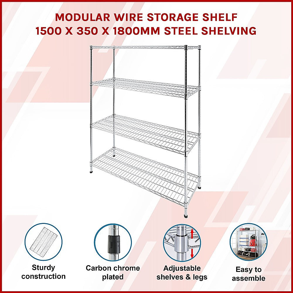 Modular Wire Storage Shelf 1500 x 350 x 1800mm Steel Shelving 3
