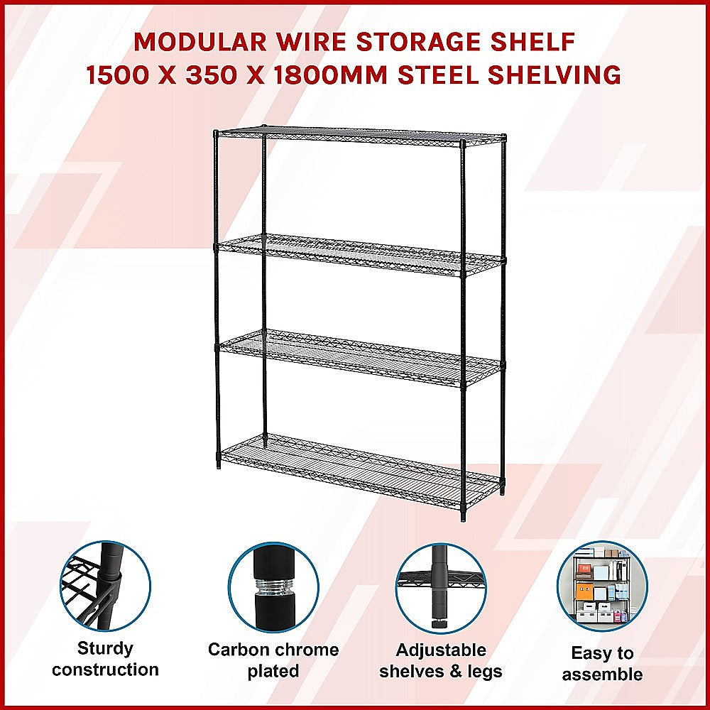 Modular Wire Storage Shelf 1500 x 350 x 1800mm Steel Shelving 3