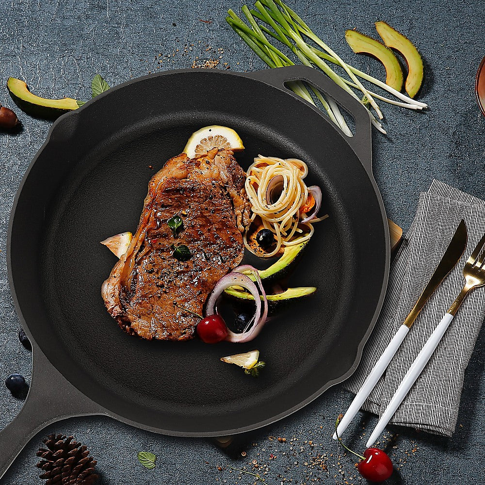 Non-stick Frying Pan Cast Iron Steak Skillet Round BBQ Grill Cookware 30cm 3