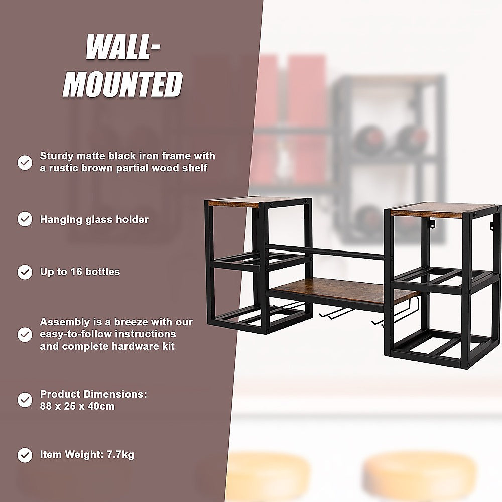 Wall Mounted Wine Rack 3 Stem Glass Holder Storage Organiser 9