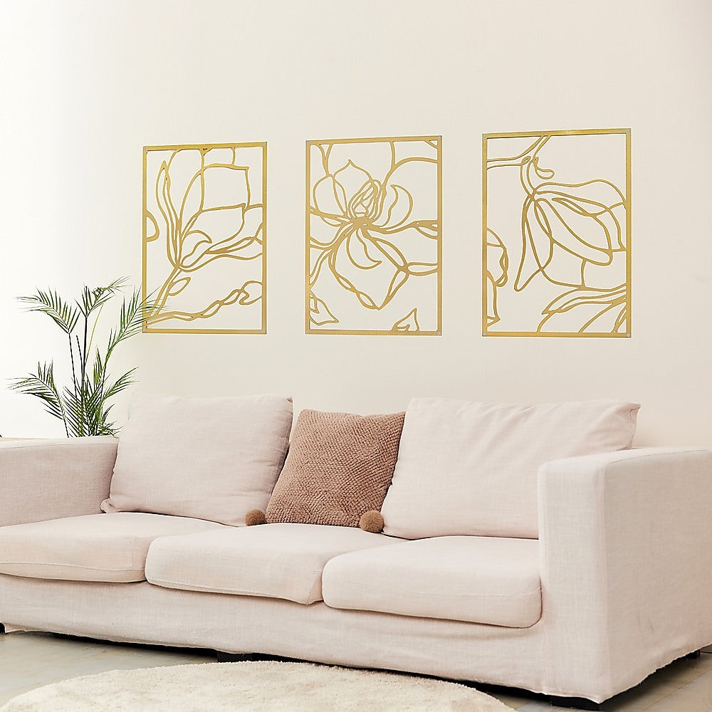 3 Piece Gold Flower Metal Wall Decor Abstract Floral Aesthetic Set of 3 5