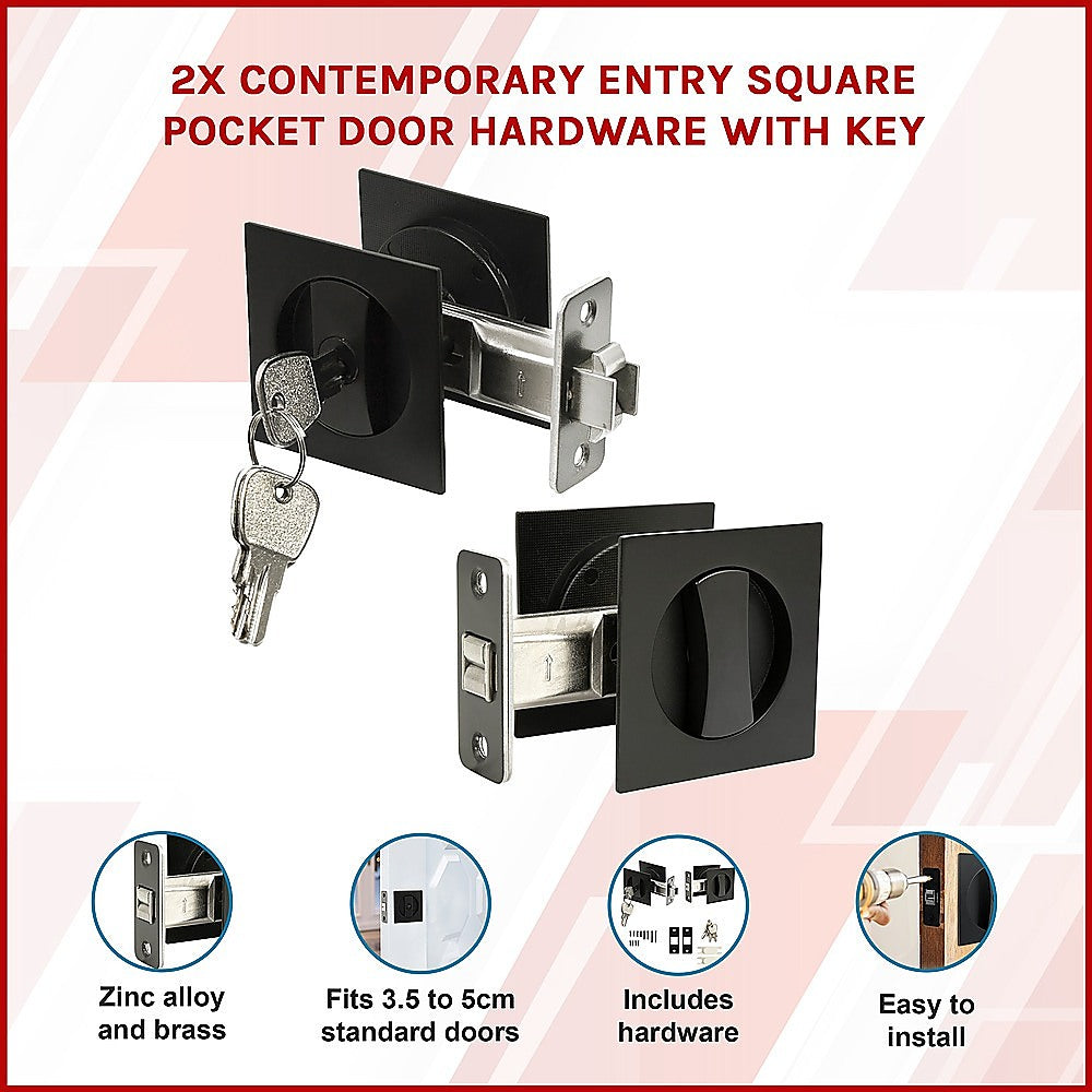 2x Contemporary Entry Square Pocket Door Hardware with Key 3