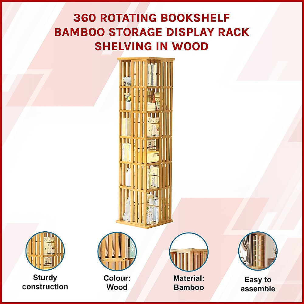 360 Rotating Bookshelf Bamboo Storage Display Rack Shelving in Wood 3