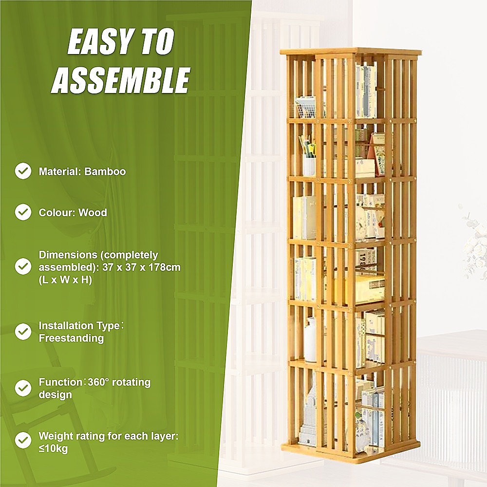 360 Rotating Bookshelf Bamboo Storage Display Rack Shelving in Wood 10