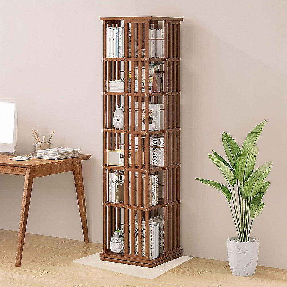 360 Rotating Bookshelf Bamboo Storage Display Rack Shelving in Dark Wood 6