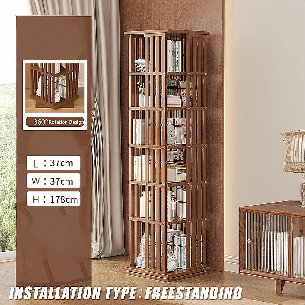 360 Rotating Bookshelf Bamboo Storage Display Rack Shelving in Dark Wood 7