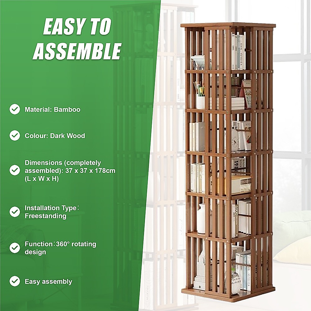 360 Rotating Bookshelf Bamboo Storage Display Rack Shelving in Dark Wood 10