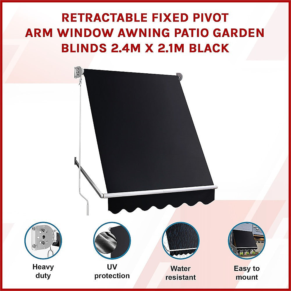 Retractable Fixed Pivot Arm Window Awning Patio Garden Blinds 2.4m x 2.1m Black 4