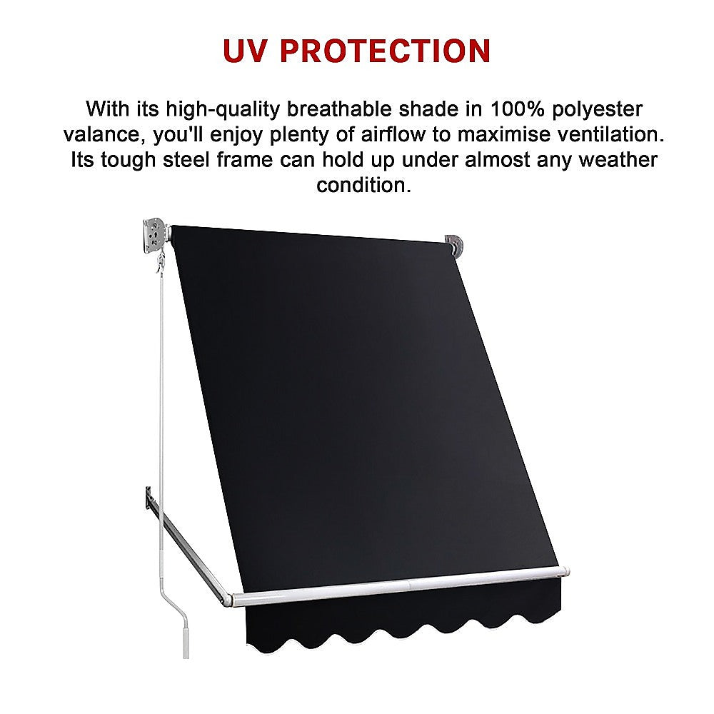 Retractable Fixed Pivot Arm Window Awning Patio Garden Blinds 2.4m x 2.1m Black 6