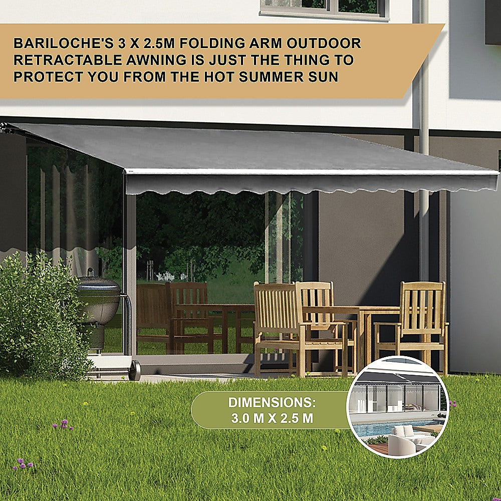 Outdoor Folding Arm Awning Retractable Sunshade Canopy Grey 3.0m x 2.5m 12
