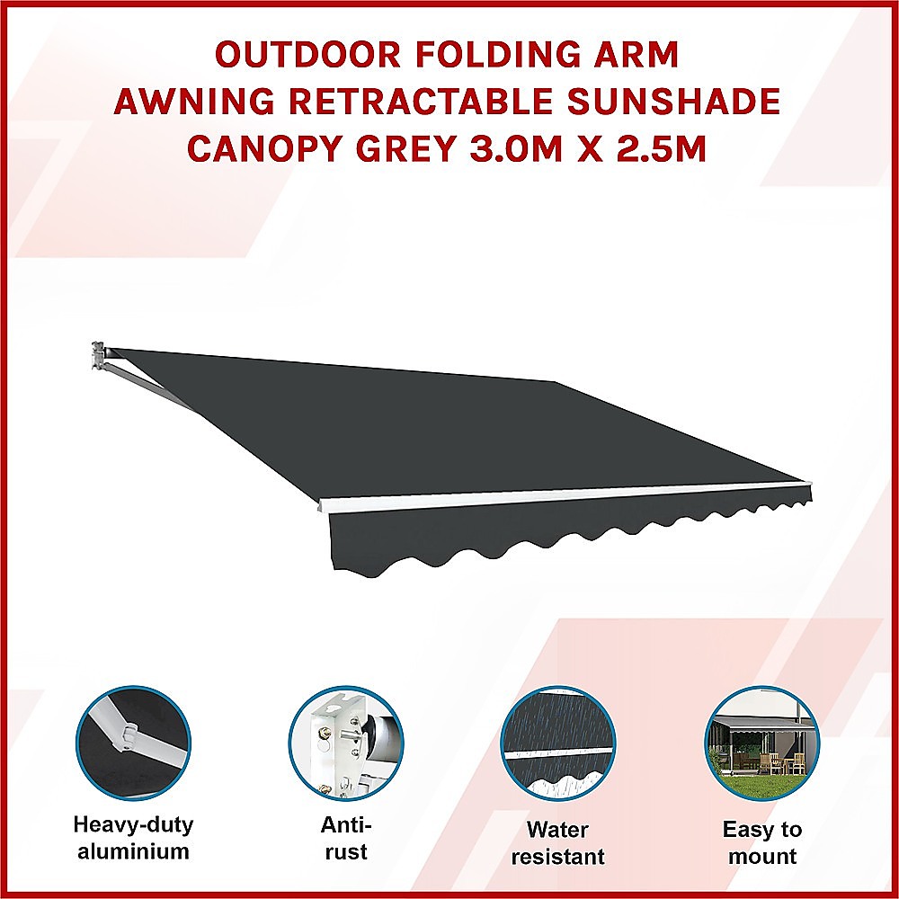 Outdoor Folding Arm Awning Retractable Sunshade Canopy Grey 3.0m x 2.5m 3