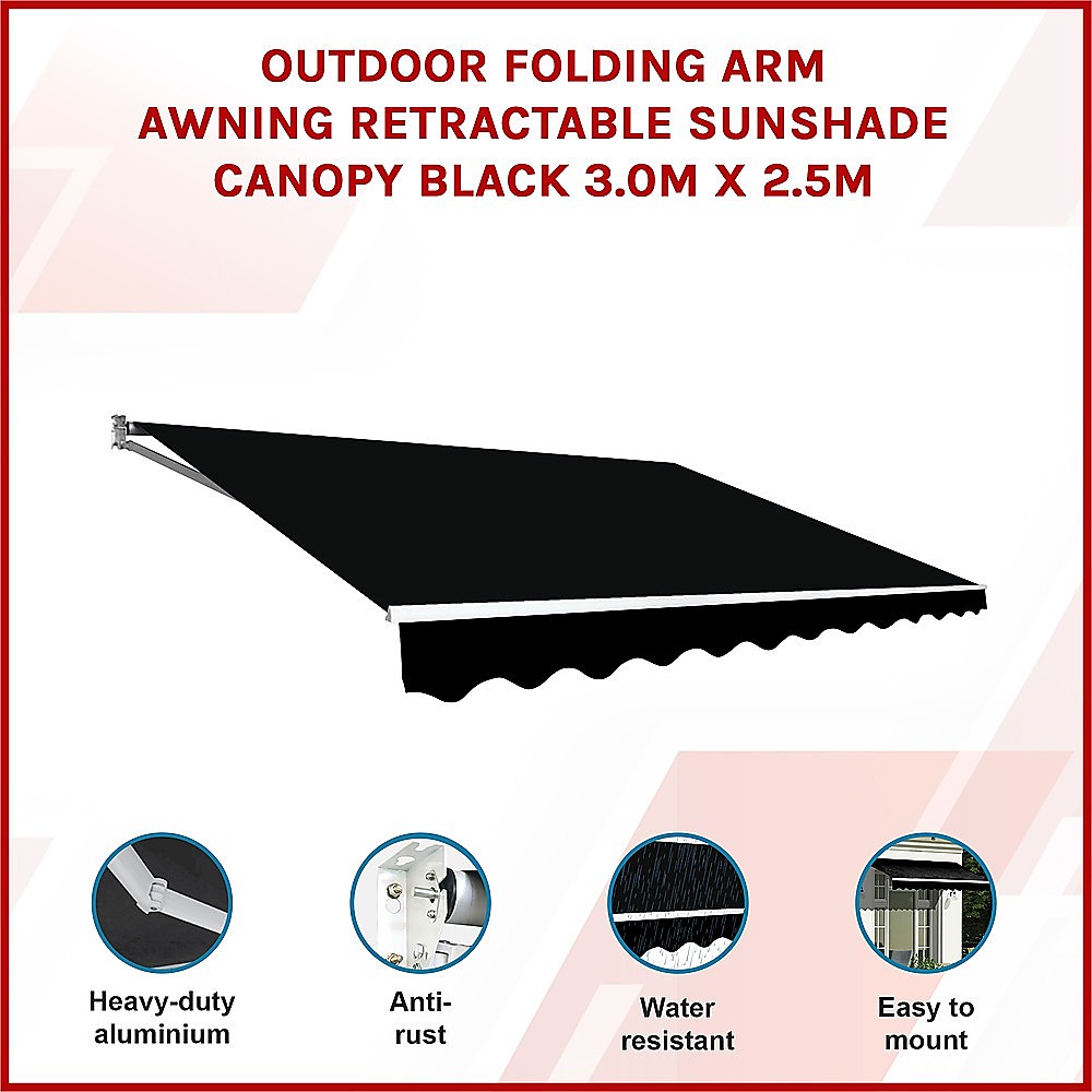 Outdoor Folding Arm Awning Retractable Sunshade Canopy Black 3.0m x 2.5m 3