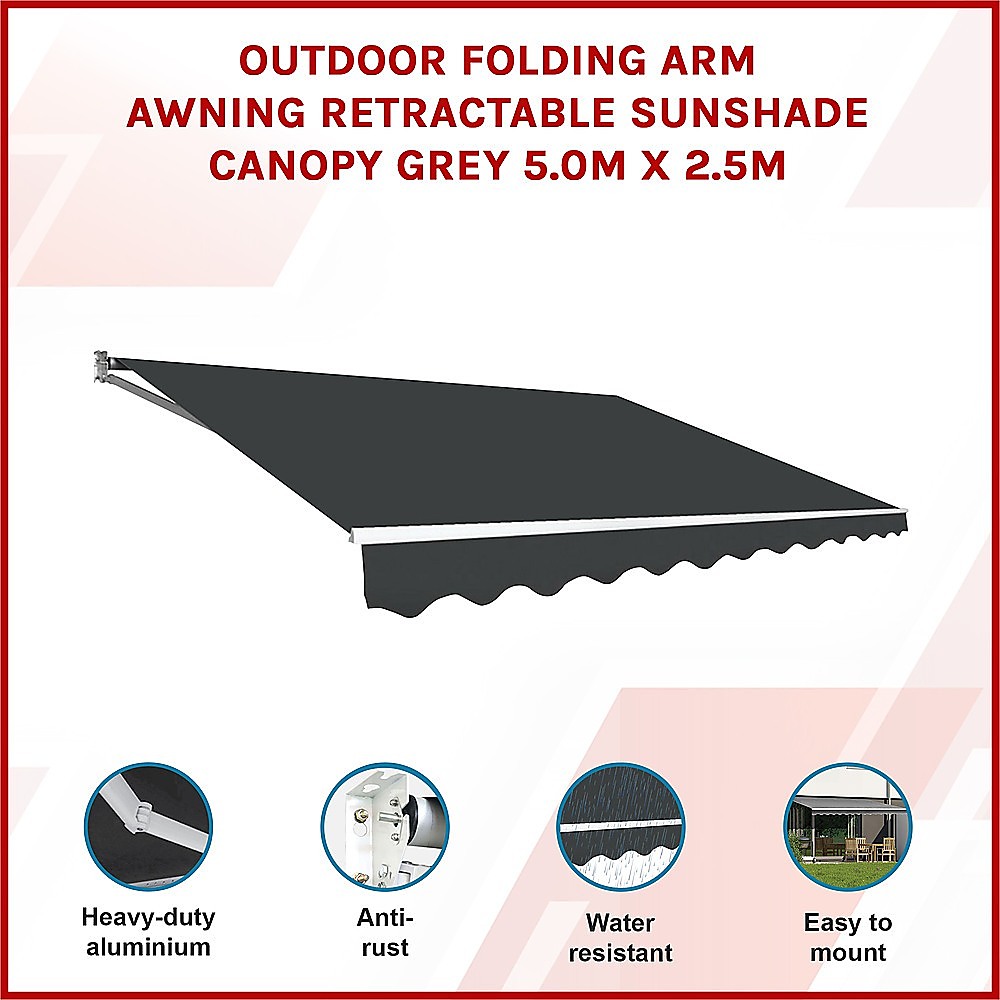 Outdoor Folding Arm Awning Retractable Sunshade Canopy Grey 5.0m x 2.5m 3