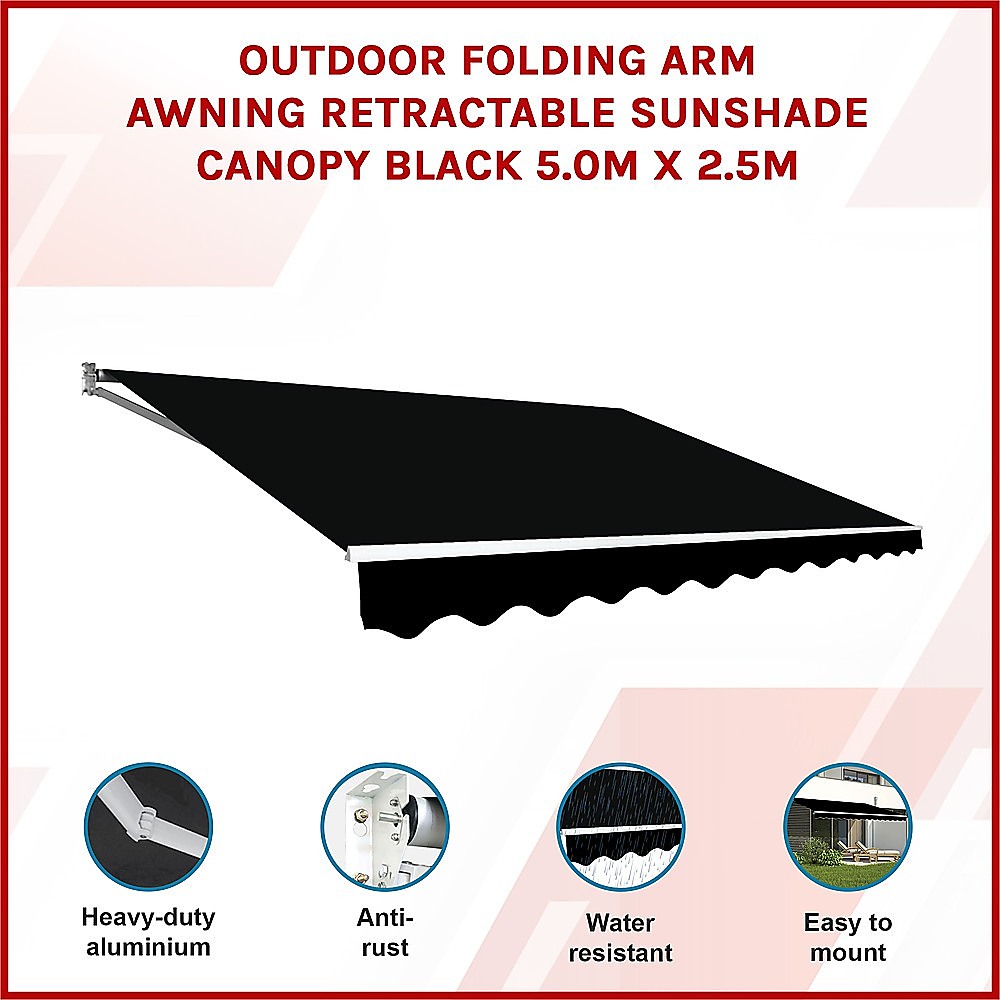 Outdoor Folding Arm Awning Retractable Sunshade Canopy Black 5.0m x 2.5m 3