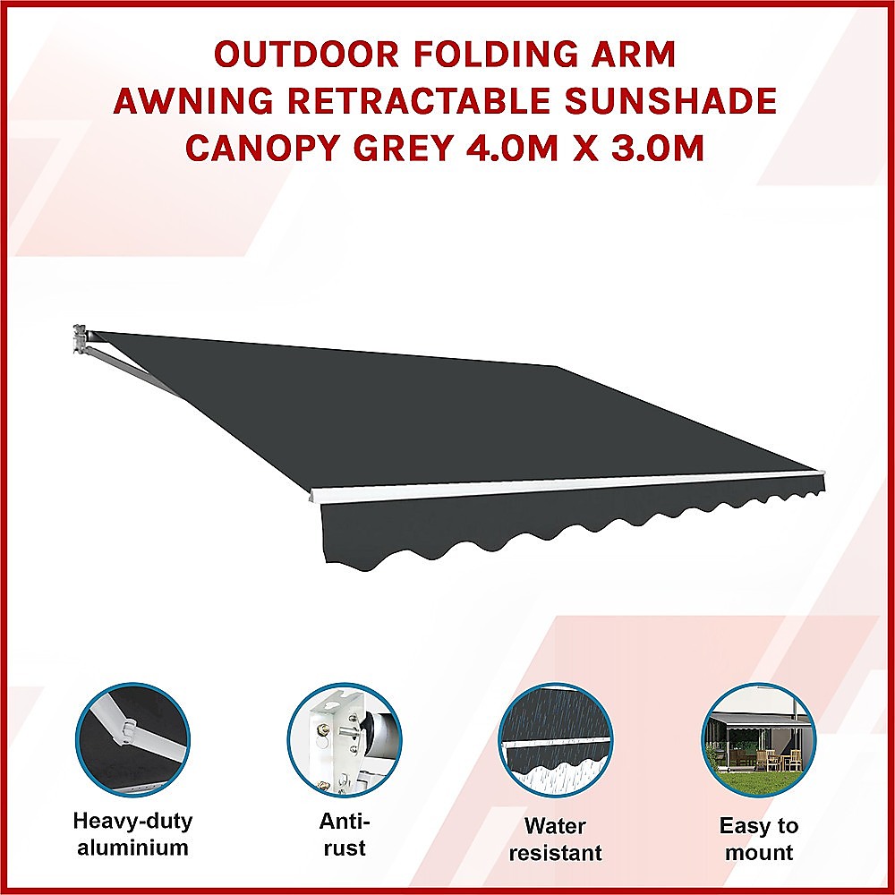 Outdoor Folding Arm Awning Retractable Sunshade Canopy Grey 4.0m x 3.0m 3