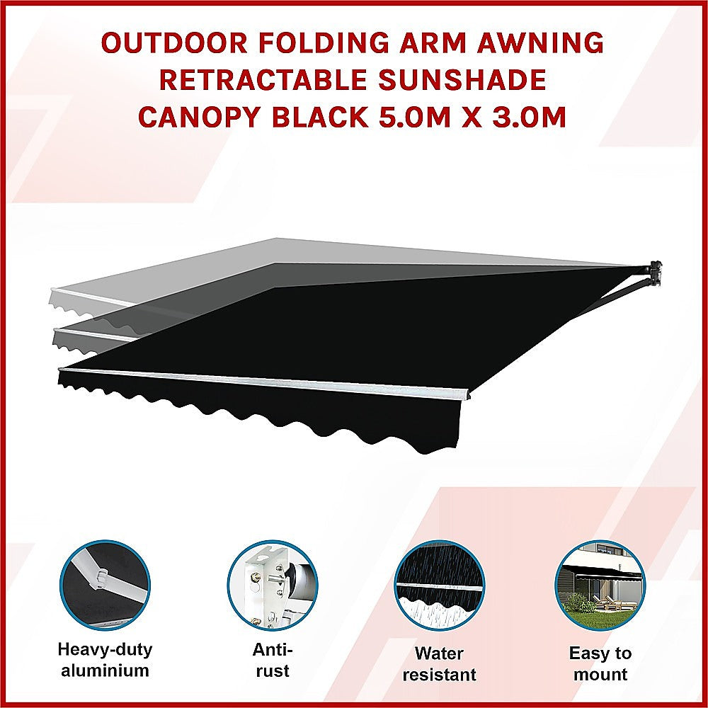 Outdoor Folding Arm Awning Retractable Sunshade Canopy Black 5.0m x 3.0m 3
