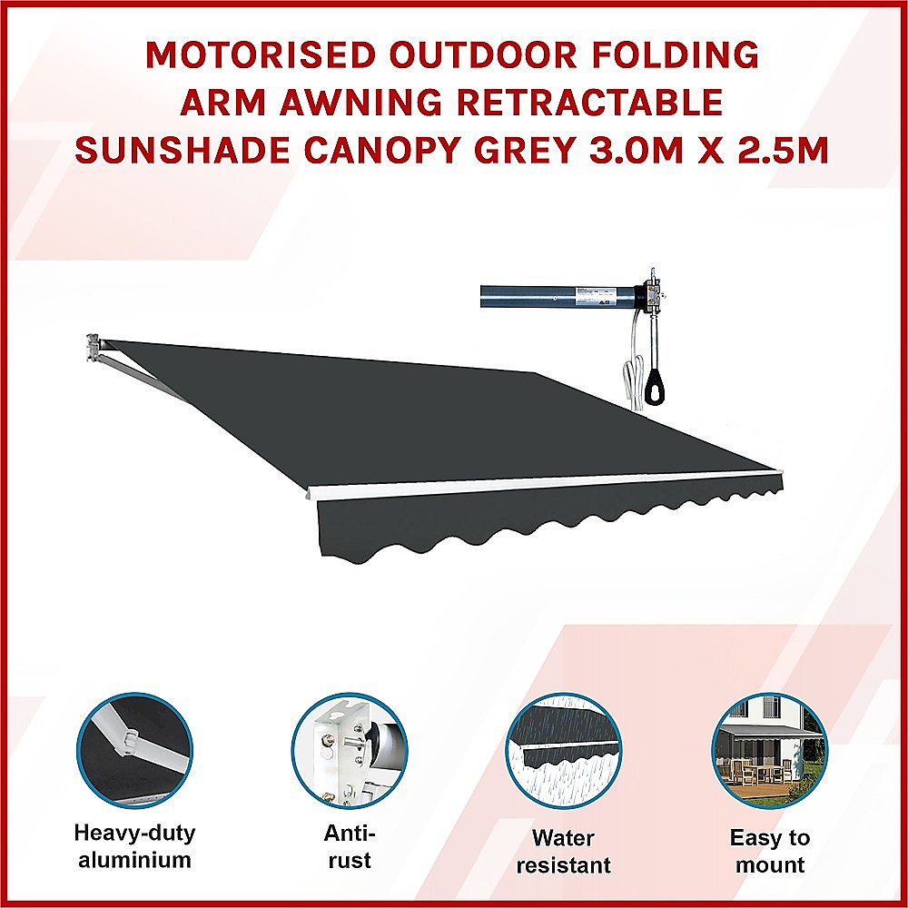 Motorised Outdoor Folding Arm Awning Retractable Sunshade Canopy Grey 3.0m x 2.5m 3