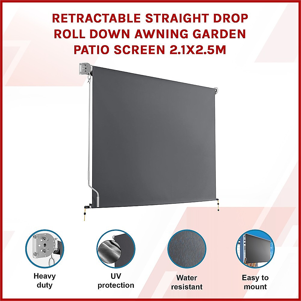 Retractable Straight Drop Roll Down Awning Garden Patio Screen 2.1X2.5M 4