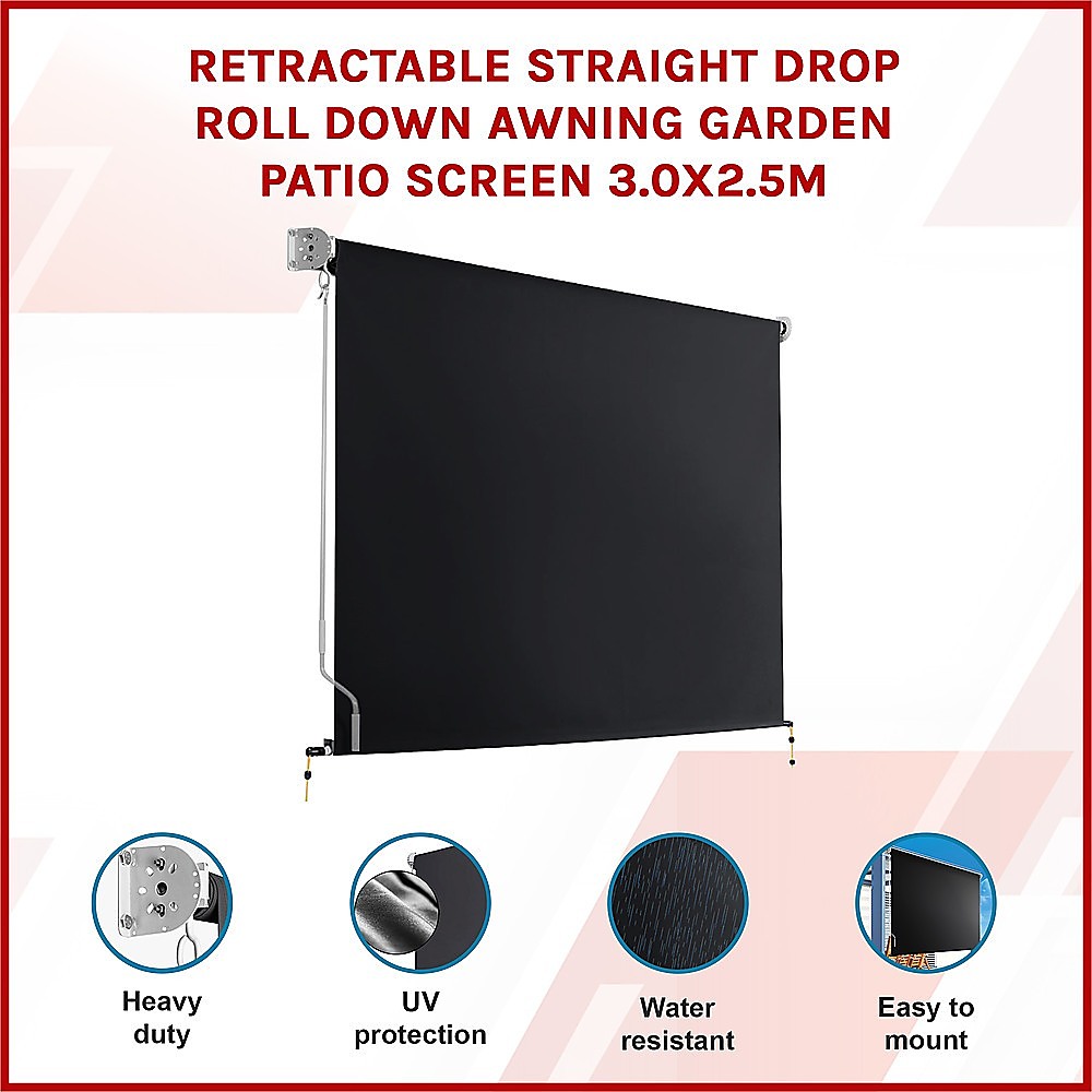 Retractable Straight Drop Roll Down Awning Garden Patio Screen 3.0X2.5M 3