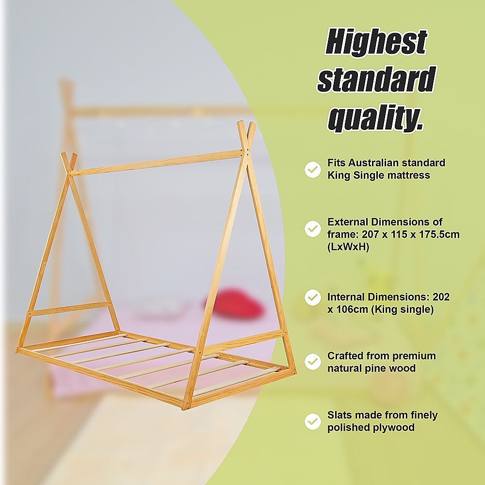 Kids Tent Montessori Toddler Floor Bed Wooden Bedframe 12