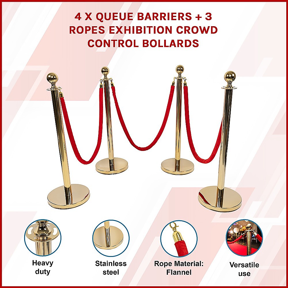 4 x Queue Barriers + 3 Ropes Exhibition Crowd Control Bollards 3