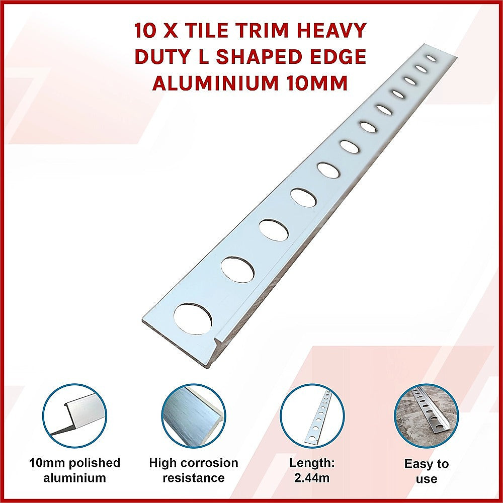 10 x Tile Trim Heavy Duty L Shaped Edge Aluminium 10mm 3