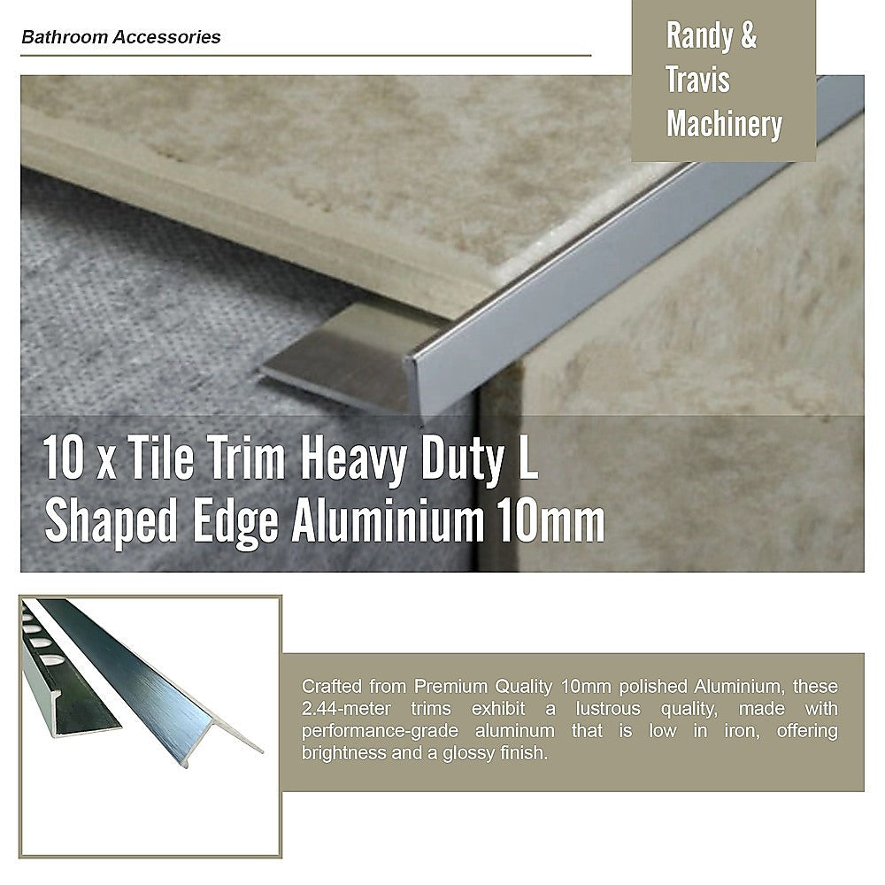 10 x Tile Trim Heavy Duty L Shaped Edge Aluminium 10mm 8