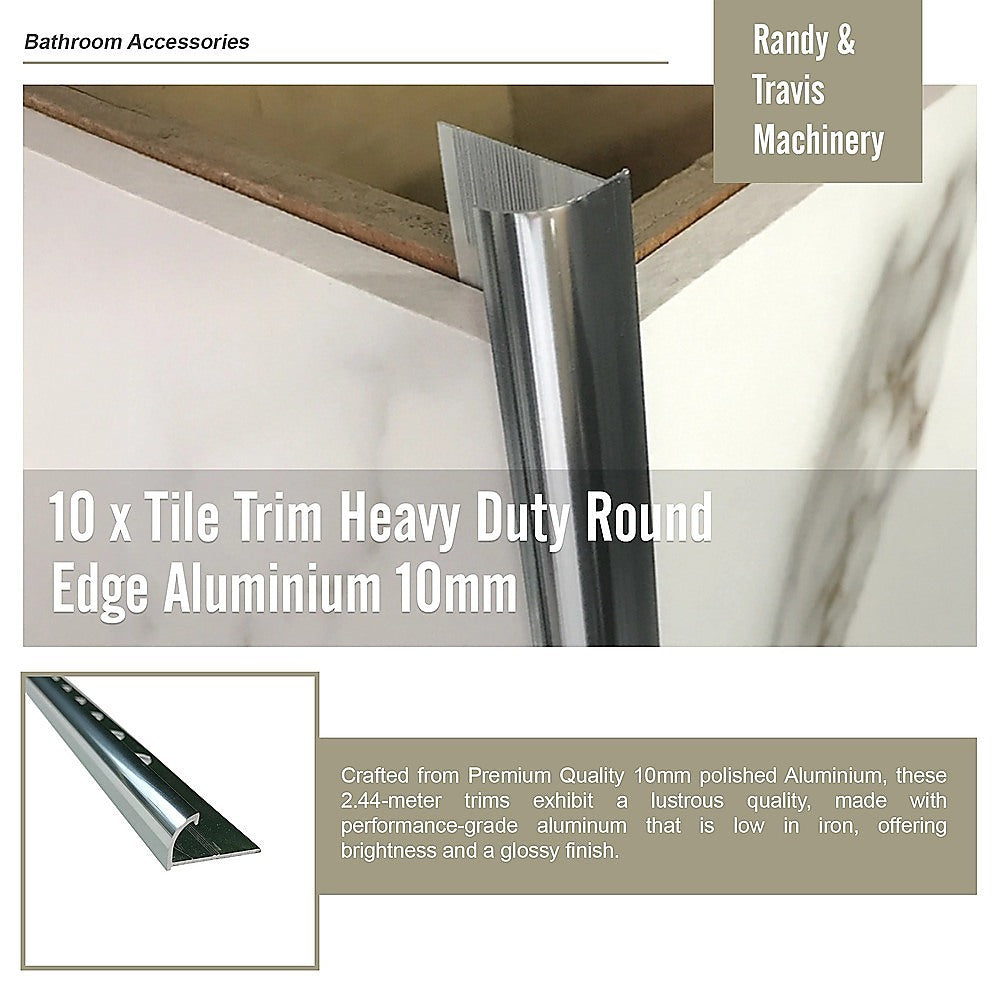 10 x Tile Trim Heavy Duty Round Edge Aluminium 10mm 9