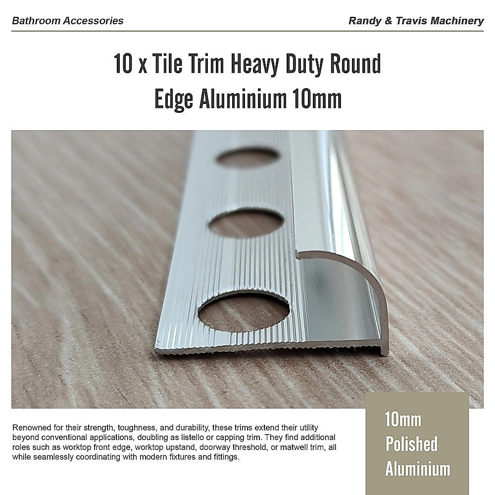 10 x Tile Trim Heavy Duty Round Edge Aluminium 10mm 10