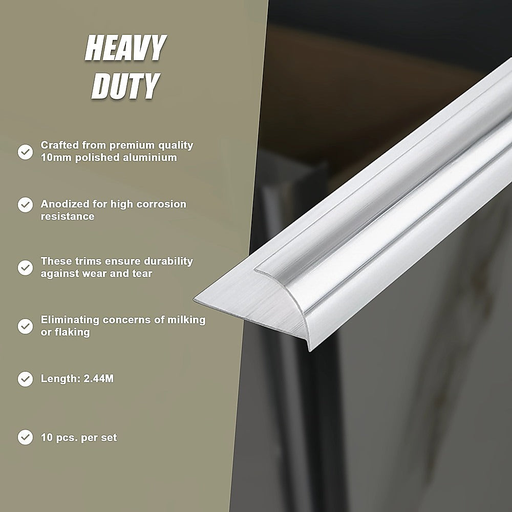10 x Tile Trim Heavy Duty Round Edge Aluminium 10mm 11