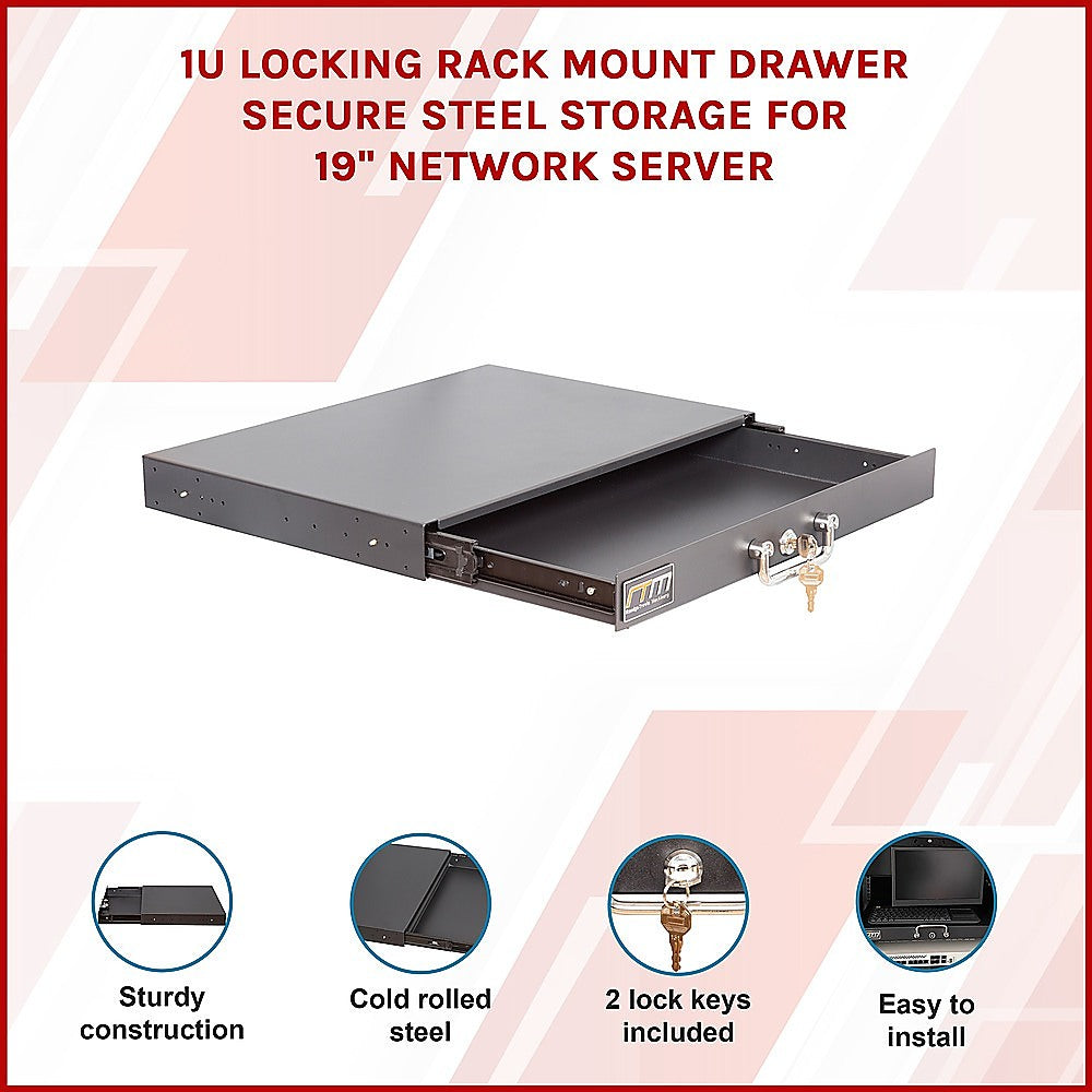 1U Locking Rack Mount Drawer Secure Steel Storage for 19" Network Server 3
