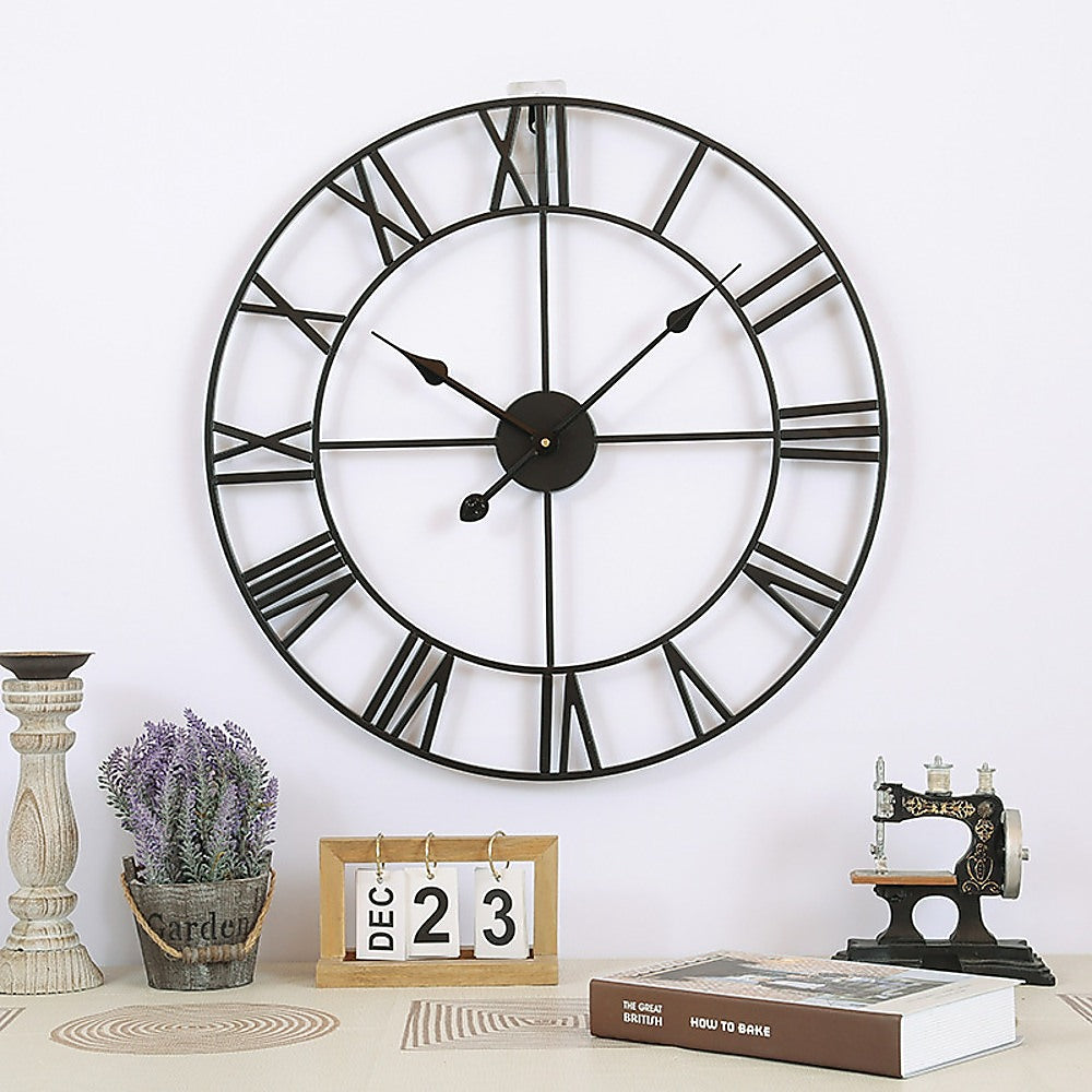 60cm Industrial Large Wall Clock, Round Metal Wall Clocks Roman Numerals Style 3