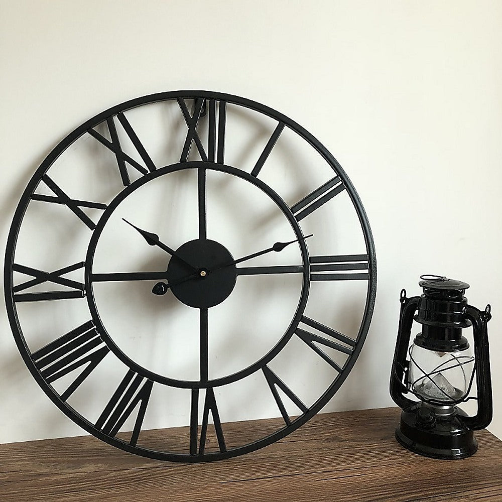 60cm Industrial Large Wall Clock, Round Metal Wall Clocks Roman Numerals Style 4