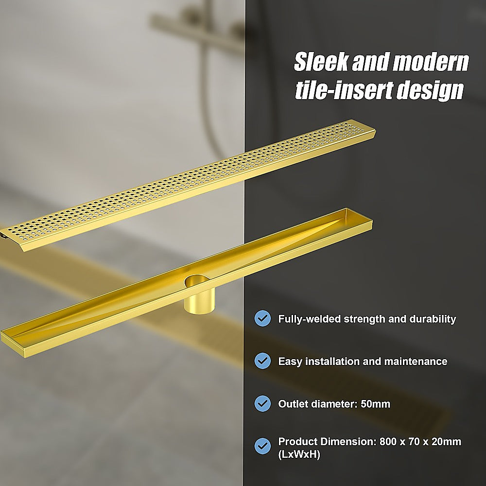 800mm Bathroom Shower Brushed Brass Grate Drain w/ Centre outlet Floor Waste 7