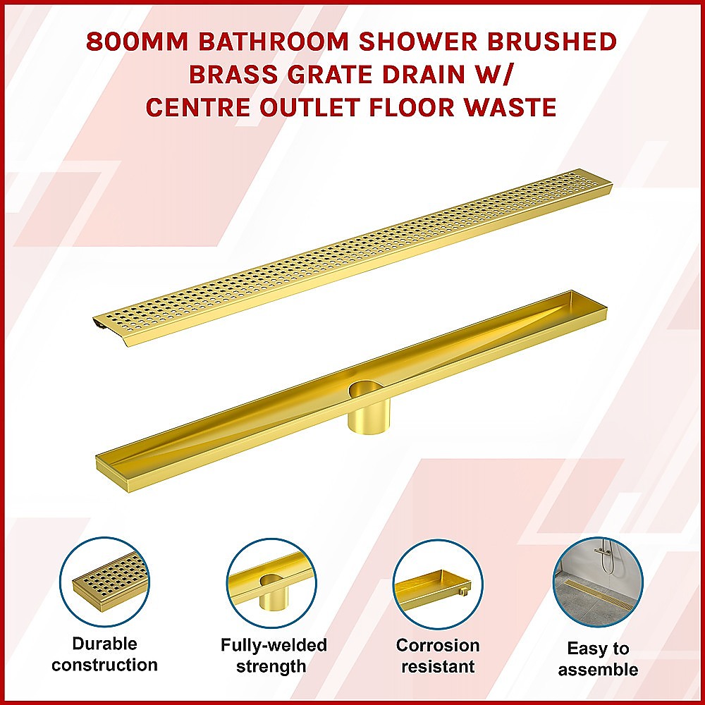 800mm Bathroom Shower Brushed Brass Grate Drain w/ Centre outlet Floor Waste 3