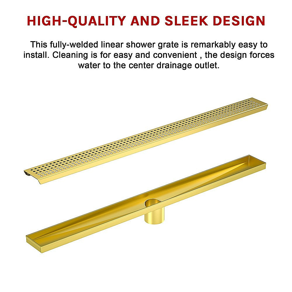 800mm Bathroom Shower Brushed Brass Grate Drain w/ Centre outlet Floor Waste 9