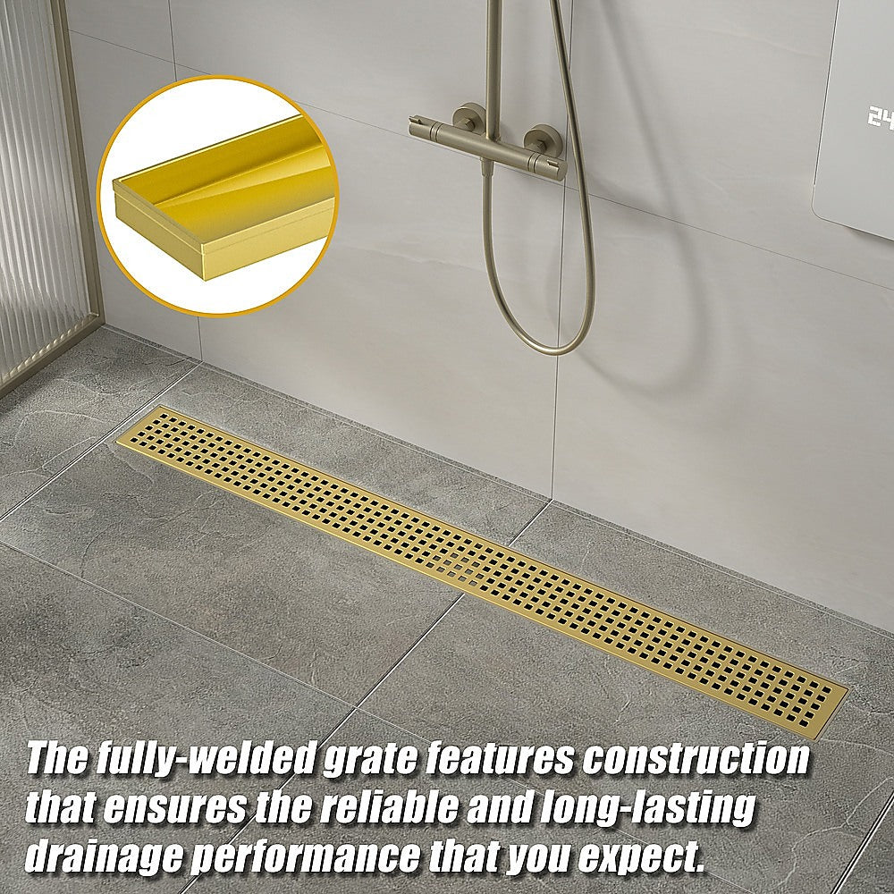 800mm Bathroom Shower Brushed Brass Grate Drain w/ Centre outlet Floor Waste 4