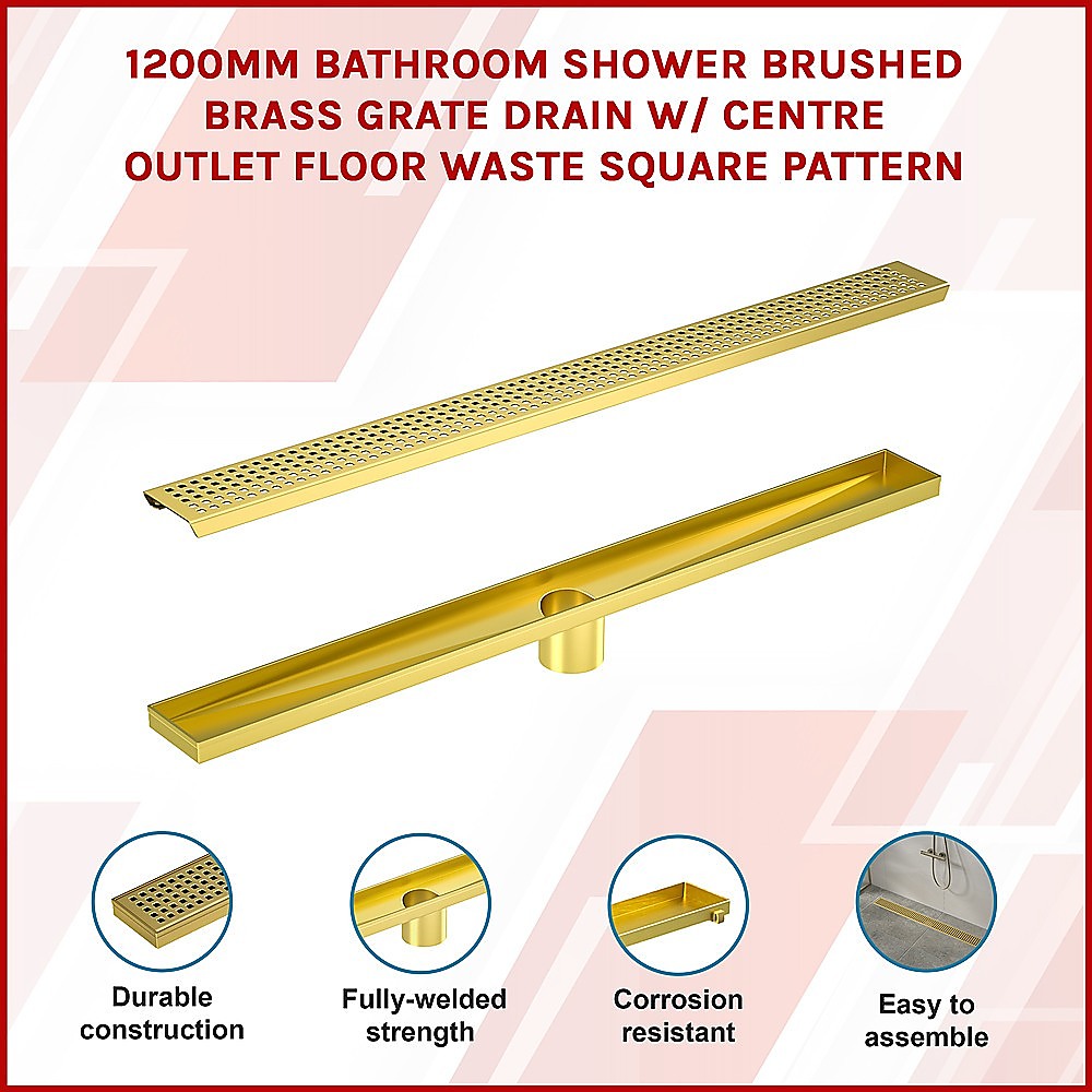1200mm Bathroom Shower Brushed Brass Grate Drain w/ Centre outlet Floor Waste Square Pattern 3