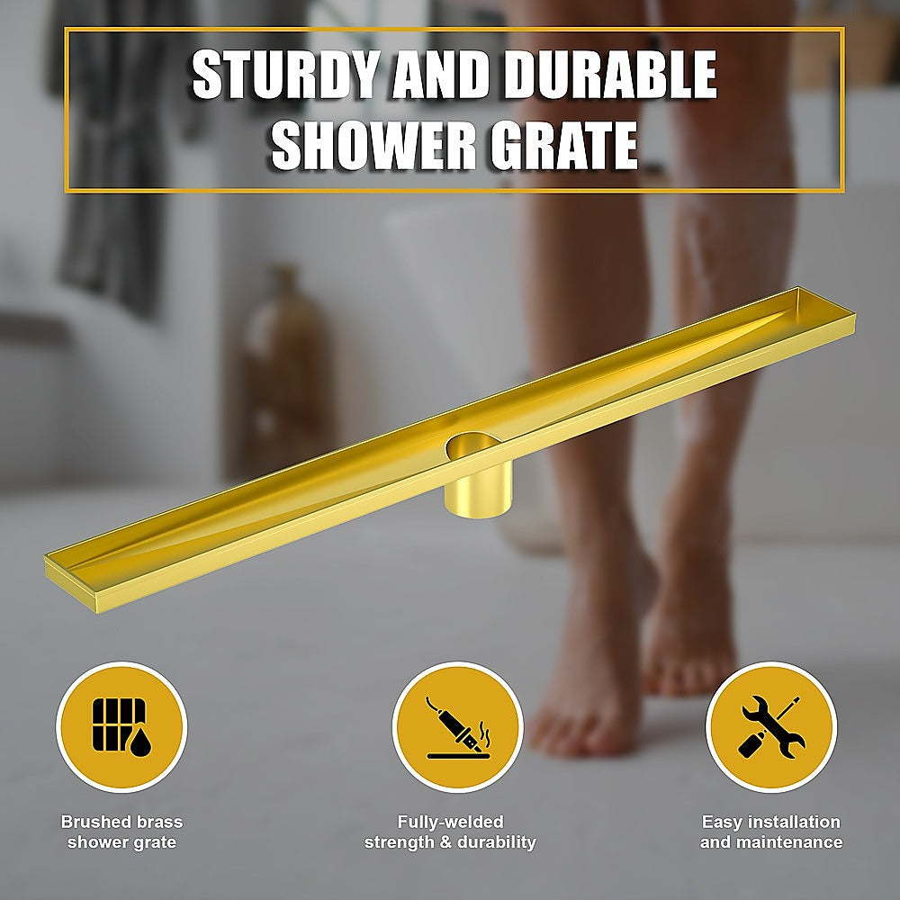 1200mm Bathroom Shower Brushed Brass Grate Drain w/ Centre outlet Floor Waste Square Pattern 6
