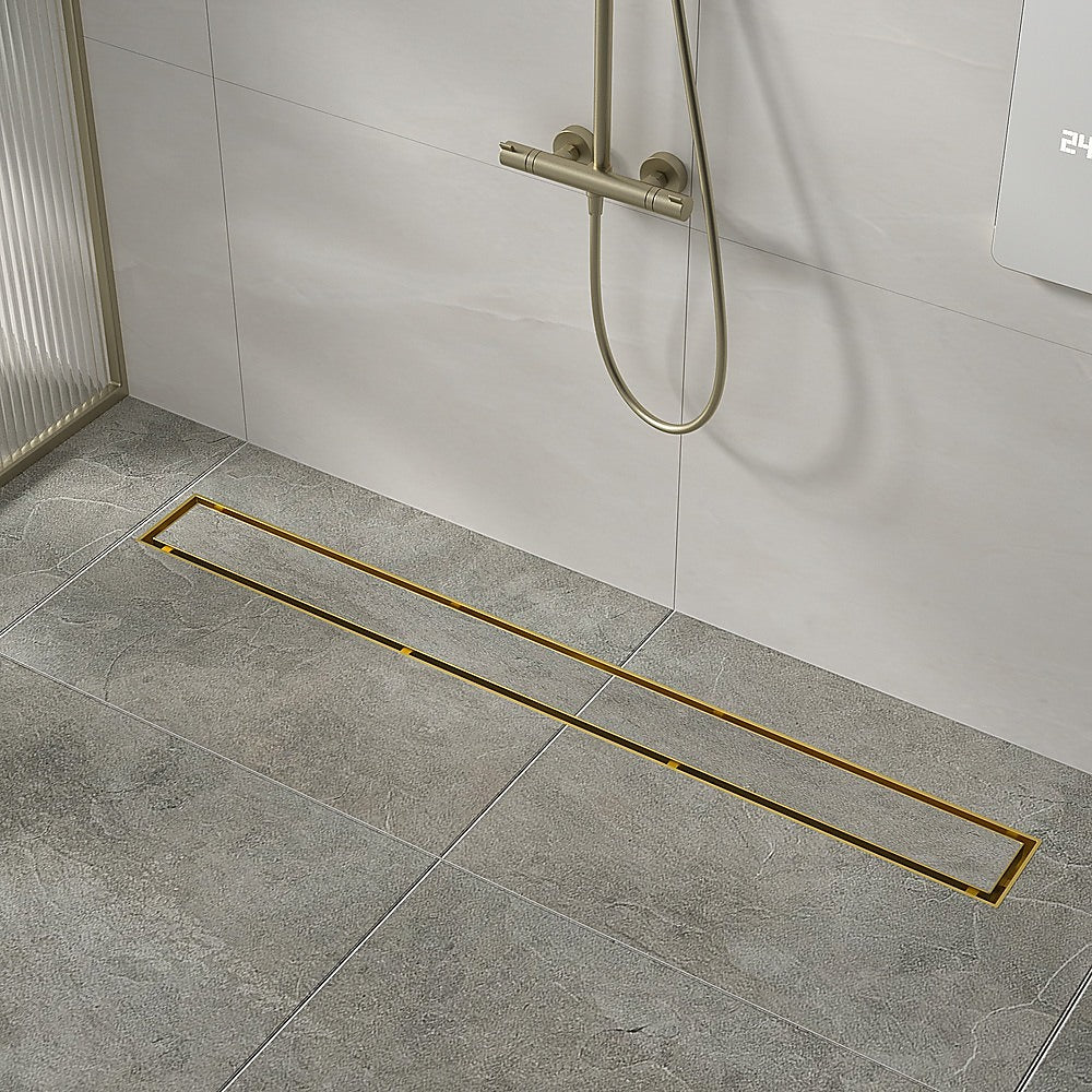 800mm Tile Insert Shower Bathroom Brushed Brass Grate Drain w/ Centre outlet Floor Waste 5