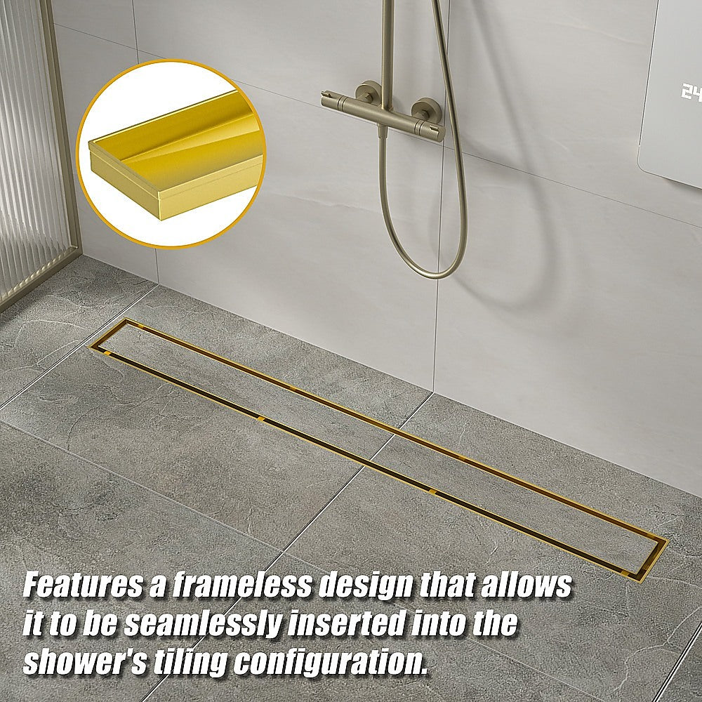 800mm Tile Insert Shower Bathroom Brushed Brass Grate Drain w/ Centre outlet Floor Waste 9