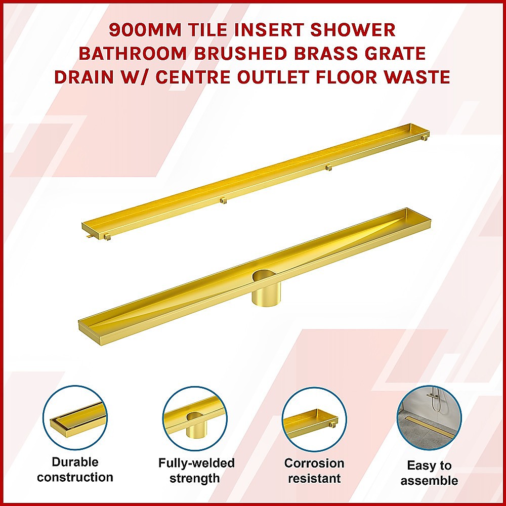 900mm Tile Insert Bathroom Shower Brushed Brass Grate Drain w/ Centre outlet Floor Waste 3
