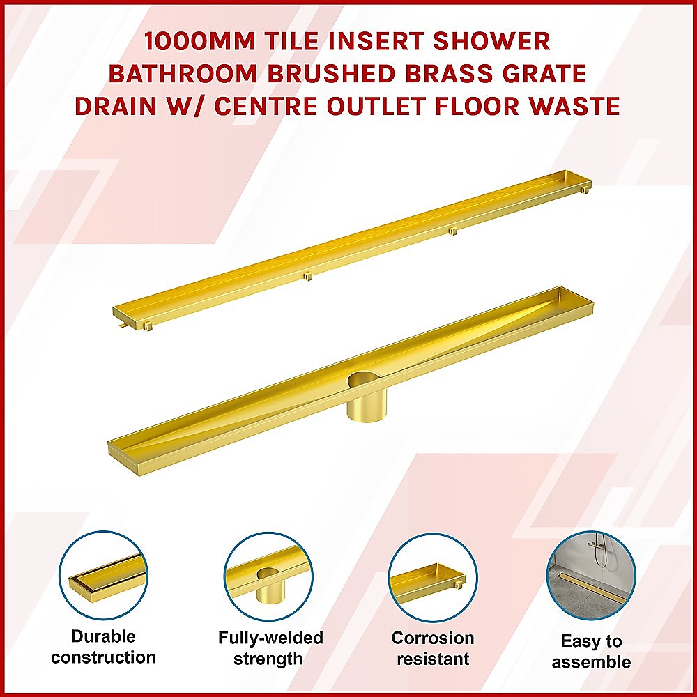 1000mm Tile Insert Bathroom Shower Brushed Brass Grate Drain w/Centre outlet Floor Waste 3