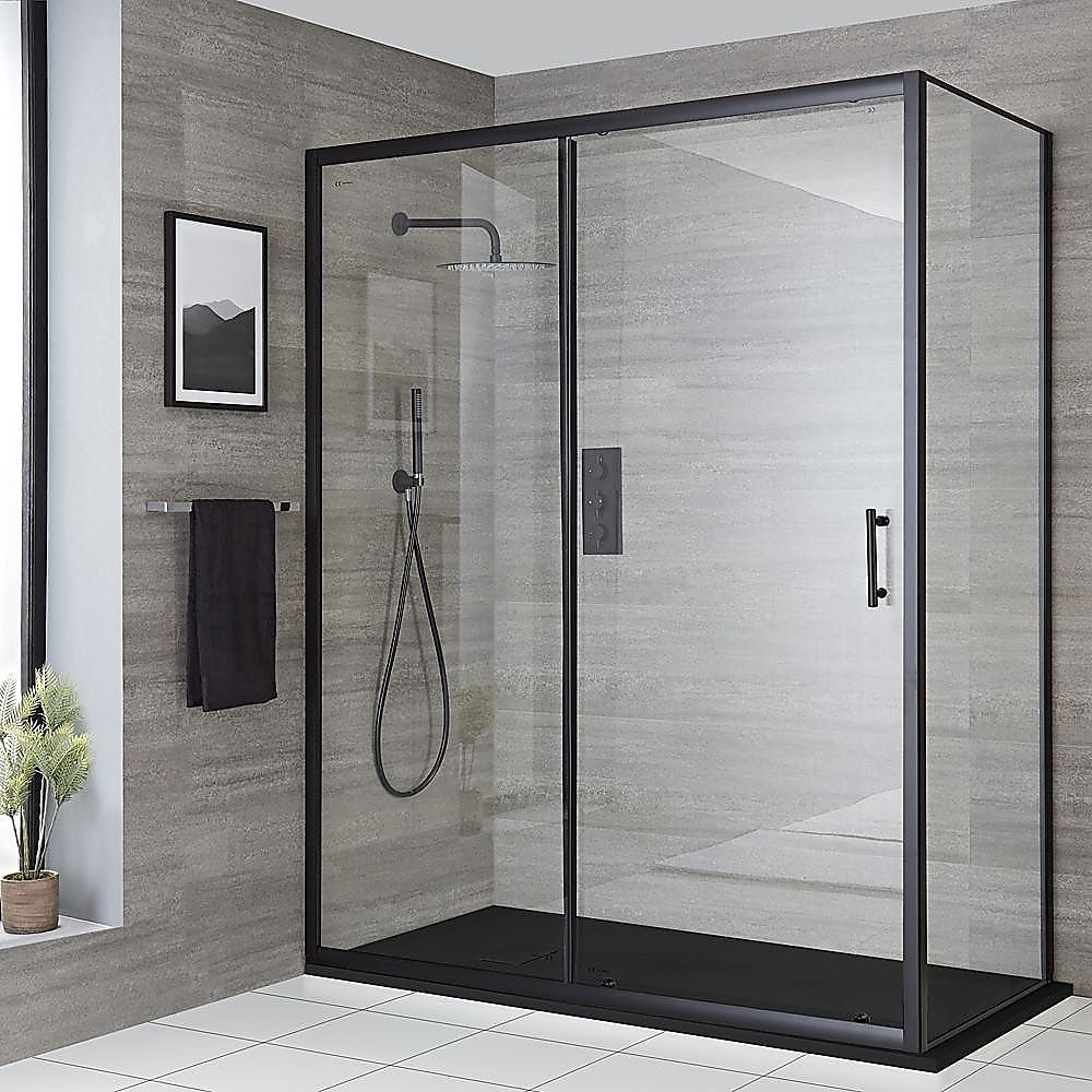 Adjustable 1800x800mm Single Door Corner Sliding Glass Shower Screen in Black