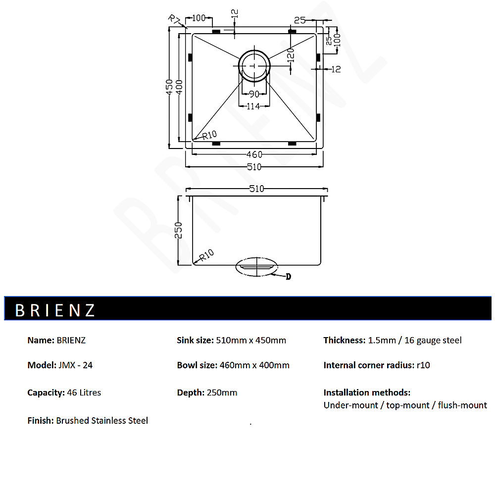 510x450mm Handmade Stainless Steel Undermount / Topmount Kitchen Laundry Sink with Waste 5