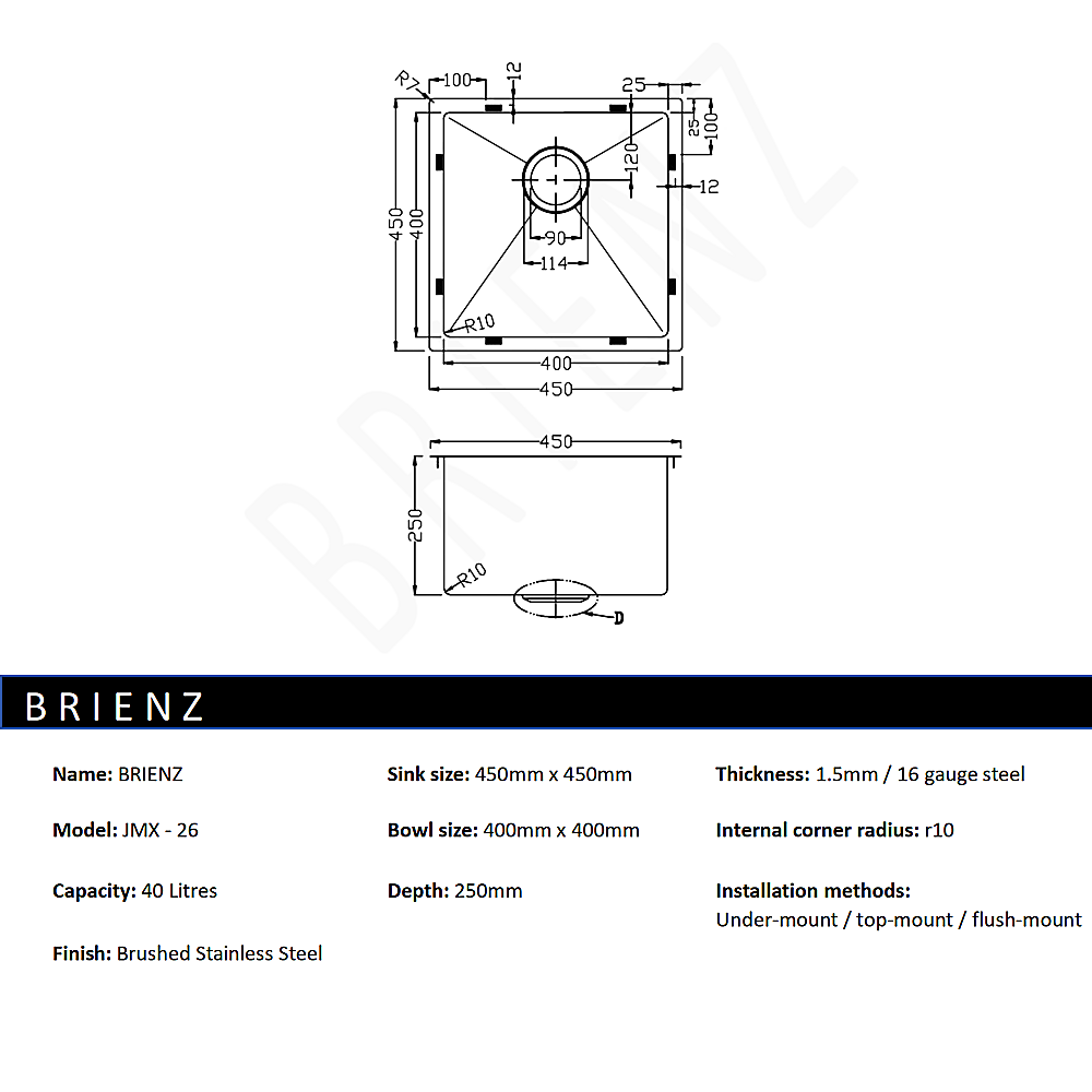 450x450mm Handmade Stainless Steel Undermount / Topmount Kitchen Laundry Sink with Waste 5