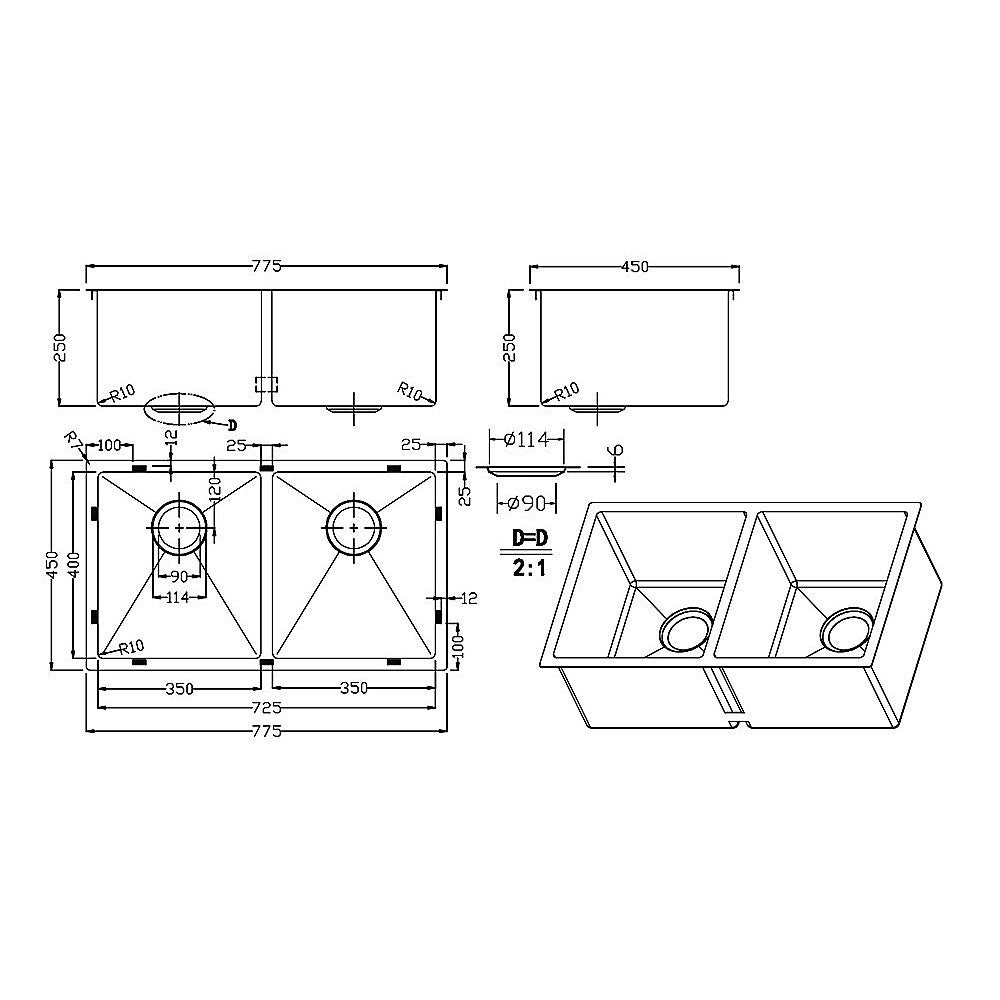 775x450mm Handmade Stainless Steel Undermount / Topmount Kitchen Laundry Sink with Waste