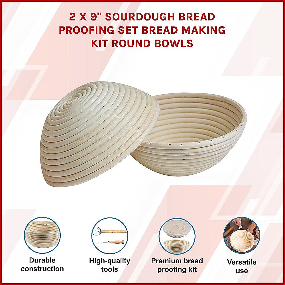2 x 9" Sourdough Bread Proofing Set Bread Making Kit Round Bowls 3