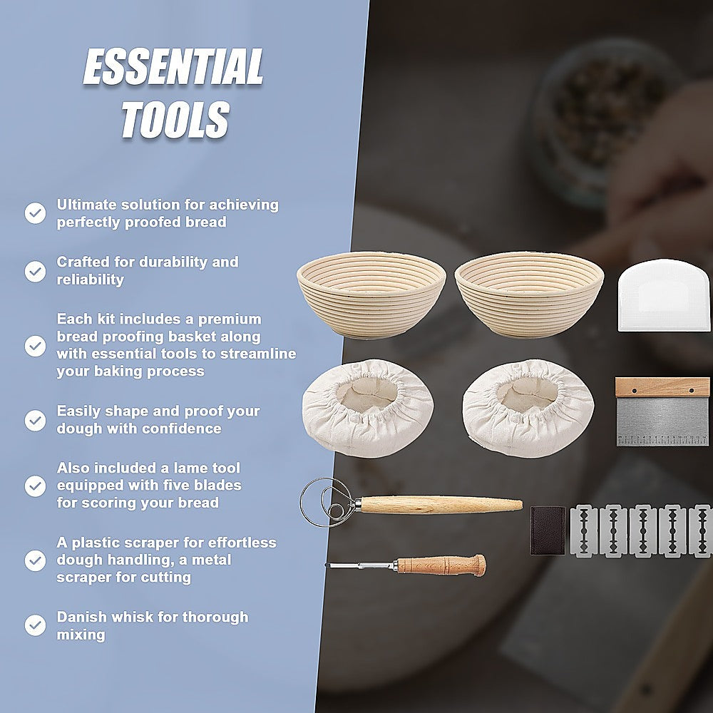 2 x 9" Sourdough Bread Proofing Set Bread Making Kit Round Bowls 10