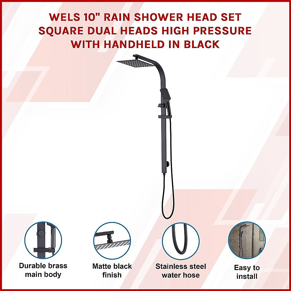 WELS 10" Rain Shower Head Set Square Dual Heads High Pressure with Handheld in Black 3
